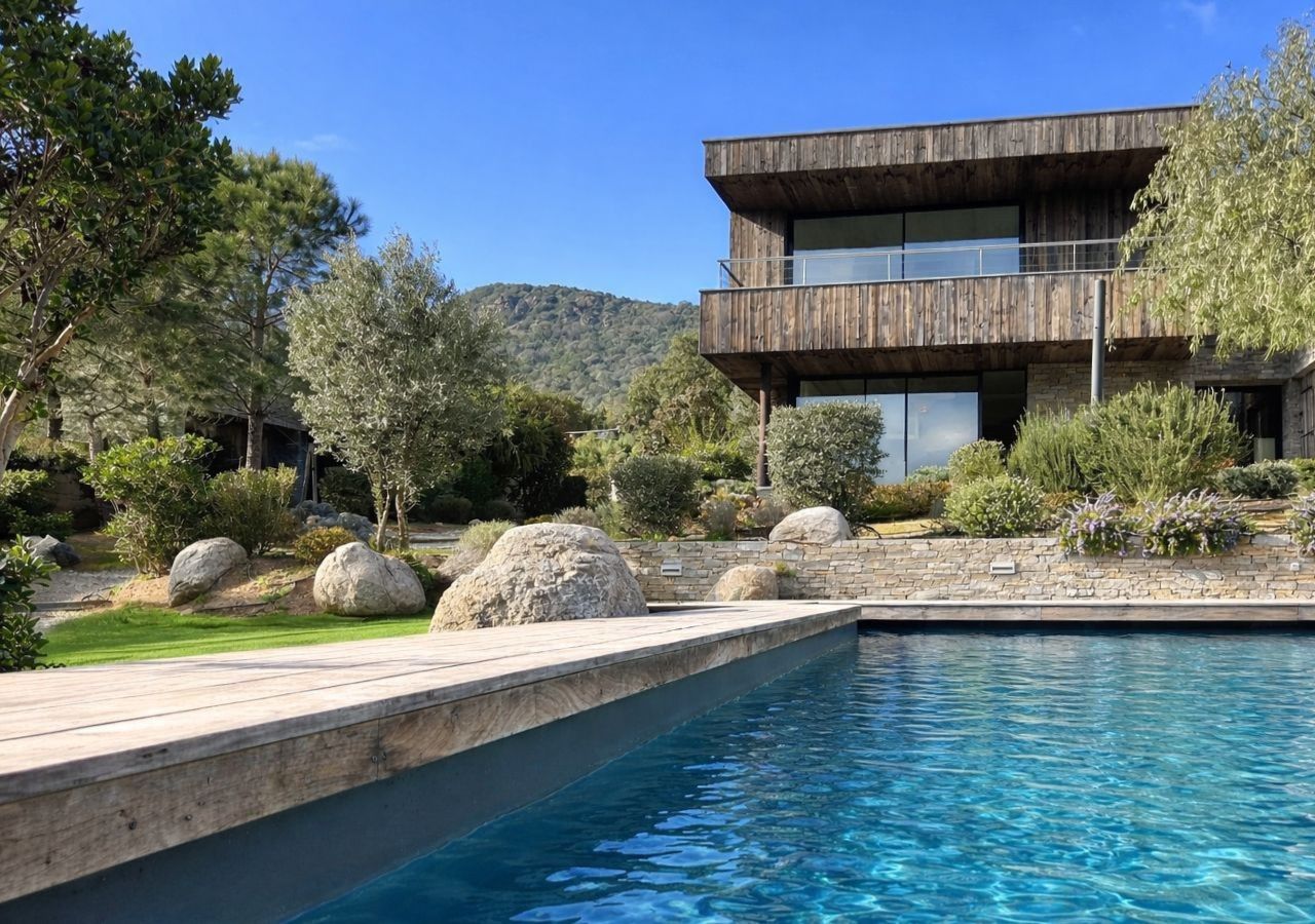 Vue façade piscine Villa Alquimia